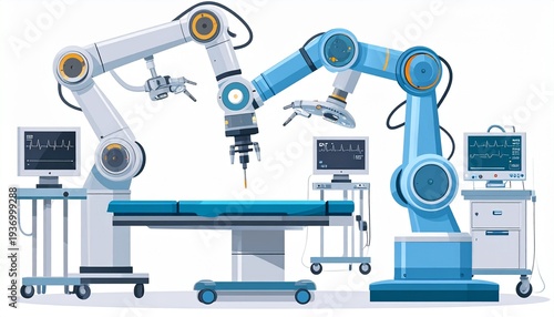 A robotic arm and hand conduct scientific research using an optical microscope and biotechnology equipment in a white laboratory for medical education and microbiology experiments