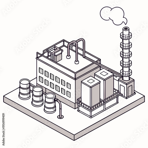 Isometric industrial plant with smokestack and barrels