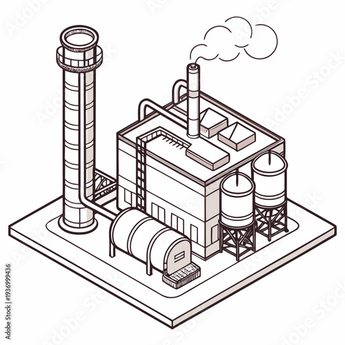 Isometric industrial plant with smokestack and water towers