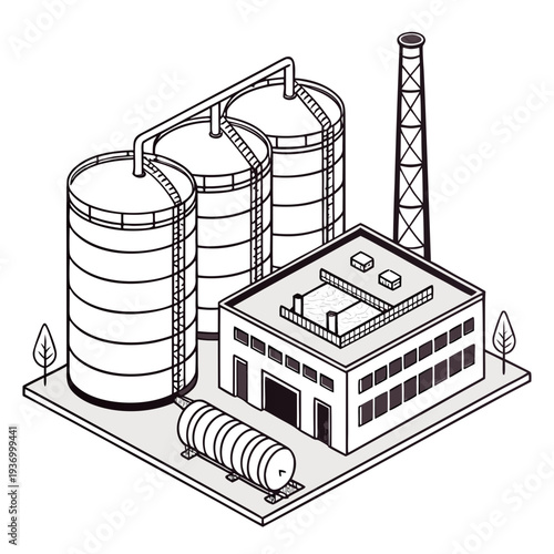 Isometric view of industrial manufacturing plant with cylindrical storage tanks