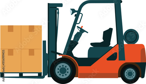 Forklift Transporting Stacked Boxes on Pallet in Warehouse for Logistics Operations Concept