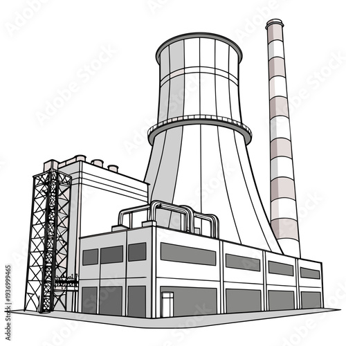 Of a modern power station complex with cooling tower and chimney