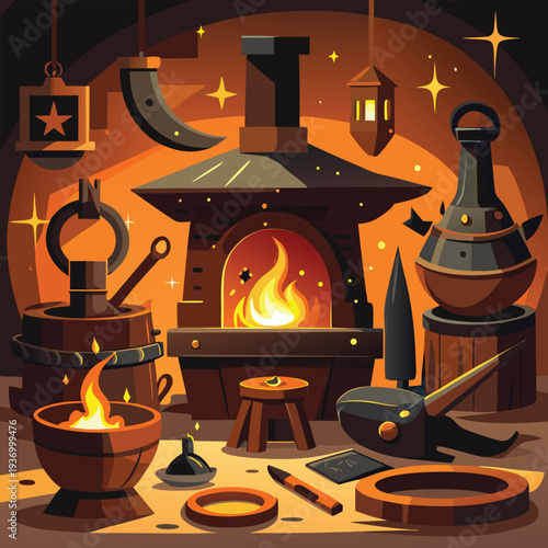 Vector medieval blacksmith workshop scene