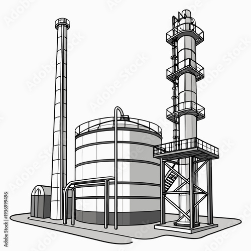 Refinery station with smokestack and storage tank industrial