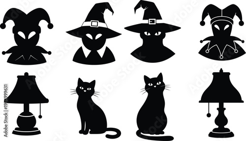 Halloween icons including a jester witch lamp and black cat in black silhouette on a white background
