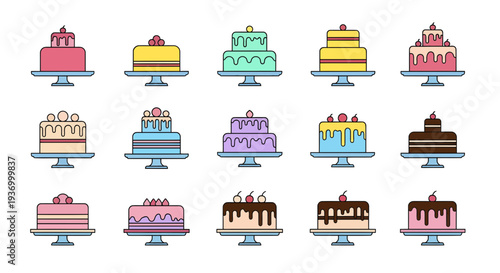 Set of 15 Flat Vector Cake Icons with Toppings and Glaze for Bakery, Birthday, and Wedding Design