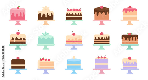 Set of colorful cake icons, flat vector illustrations of sweet desserts, bakery and pastry shop symbols isolated on white background