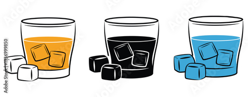 Three glasses of whiskey with ice cubes displayed in vector art style with orange black and blue coloring, modern drink illustration collection for bar menu, cocktail design and alcohol beverage 