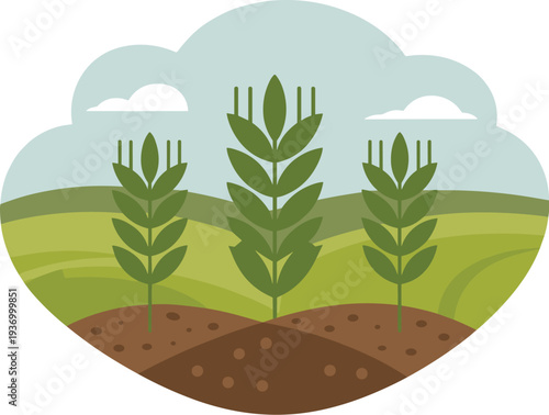 Sustainable agriculture concept with green plants growing in fertile soil landscape