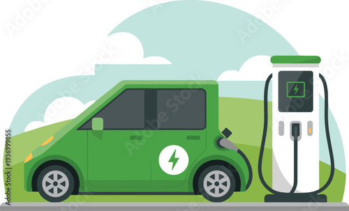 Green electric car charging at modern station for eco friendly transportation concept