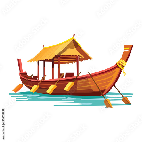 Wooden boat with a thatched roof on water