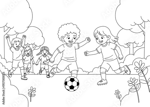 Black and white image capturing kids playing soccer under the sun, perfect for sports publications, websites, and educational materials.