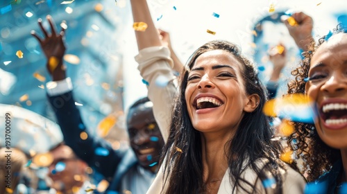 Woman laughing with arms raised celebrating success with friends under falling confetti. Happy people having fun outdoors at a festival.