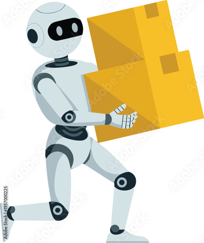 Robot efficiently moving large cardboard box for warehouse automation concept