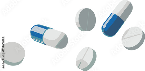 Pharmaceutical pills and capsules in various shapes and colors for medicine healthcare concept