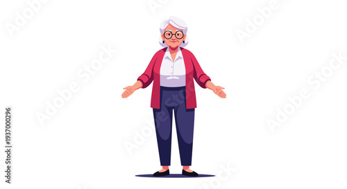 Elderly woman with open arms, standing confidently, looking forward.