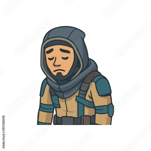 Sad soldier leaning down. Depressed commando in tactical outfit. Military fighter feeling hopeless.