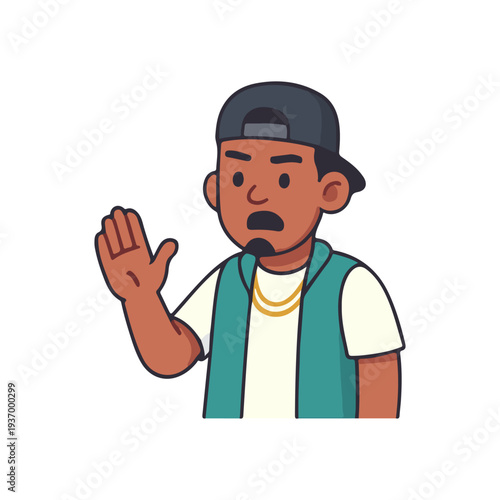 Confused man raising hand. Surprised street guy gesture. Cartoon hip hop character expression