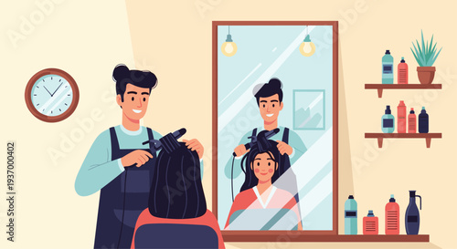 Hairdresser styling a womans hair in a salon with mirror.