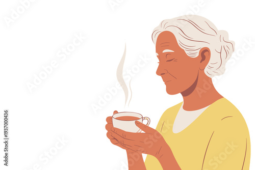 Senior woman enjoying warm cup of coffee in peaceful moment for lifestyle concept