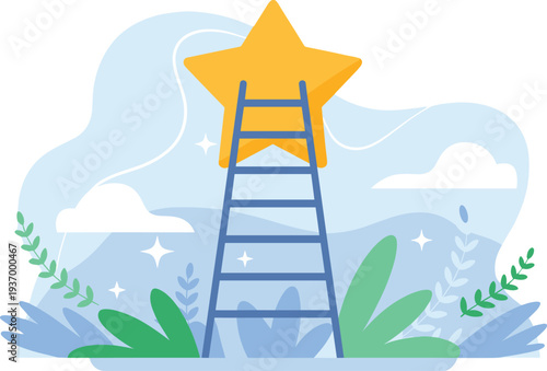 Reaching for excellence with ladder to shining star in dreamy landscape for success concept