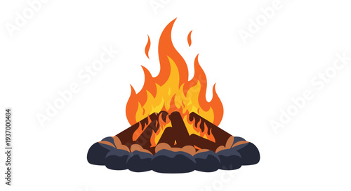 Burning campfire with flames and wood logs on white background.
