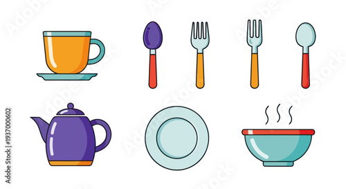 Colorful kitchenware set on white background