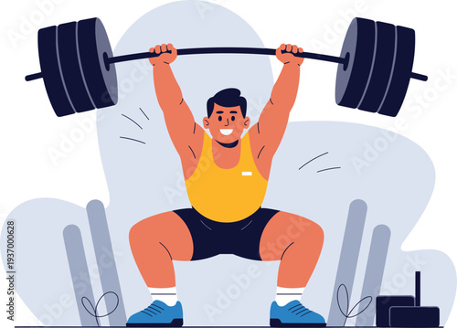 Man lifting heavy weights with smile in gym for fitness strength training concept