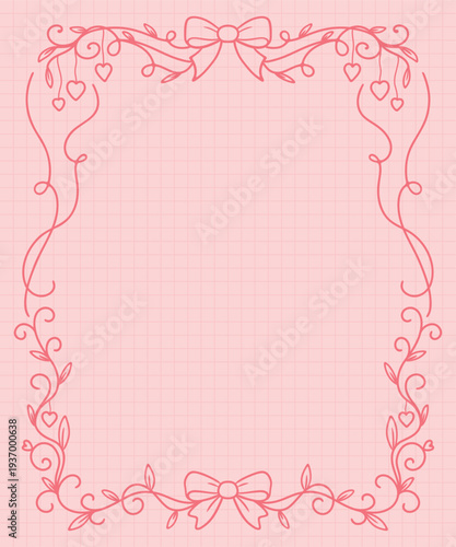 Romantic pink ornamental frame with bows, hearts and swirling floral lines, elegant decorative border for wedding invitations, Valentine cards and feminine stationery. Vector illustration.