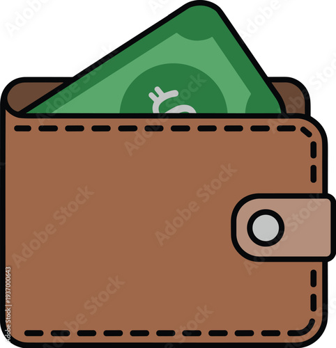 Brown leather wallet with green dollar bill sticking out for personal finance concept