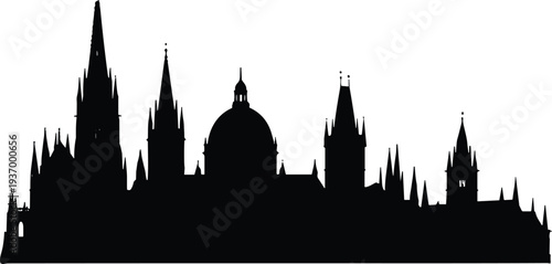 Detailed black silhouette of a European city skyline with cathedrals churches and historical architecture isolated on white background for travel and urban landscape design