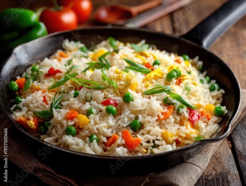 Close up of fried rice in a pan with vegetables