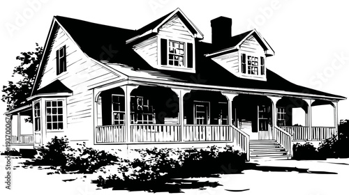 A black and white line drawing illustration of a two-story residential house with porch