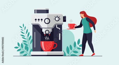 Woman preparing coffee with a modern espresso machine, serving.