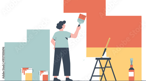Person painting wall with vibrant colors using paintbrush for home improvement concept
