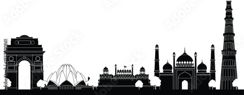 Detailed Black Silhouette of India Skyline Featuring Iconic Landmarks Including India Gate Lotus Temple Red Fort Jama Masjid and Qutub Minar for Travel Design