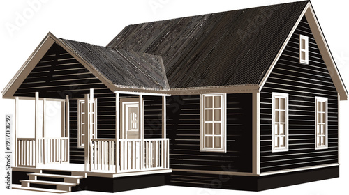A side-view illustration of a rustic house with porch, windows, and angled roof