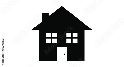 Simple black silhouette of a house with a chimney and windows