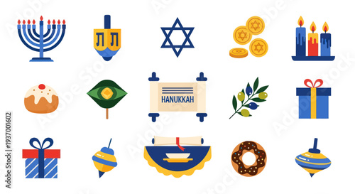 Hanukkah festive symbols and icons