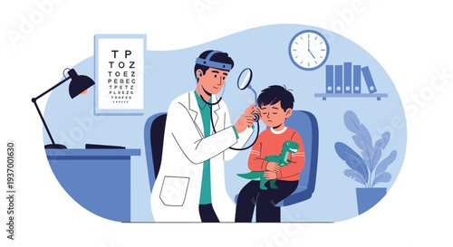 Doctor examining a child in a medical checkup setting.