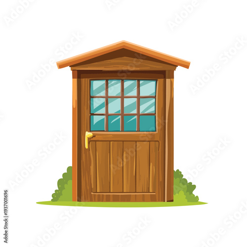 Wooden door illustration with green window panes and grass below