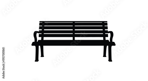 A simple black silhouette of a classic wooden park bench