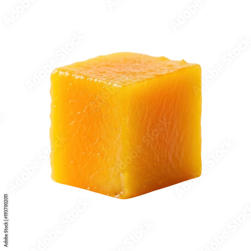 Perfectly cut cube of bright orange mango flesh on white background