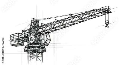 Construction tower crane technical sketch art