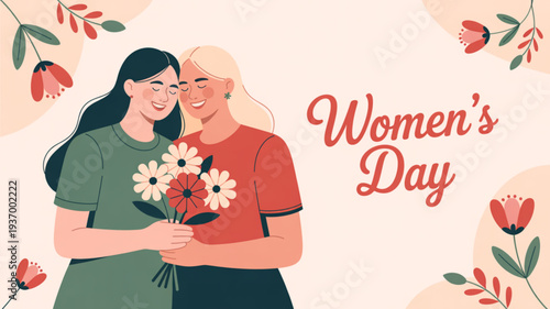 Two women embracing on women's day with flowers and colorful floral patterns