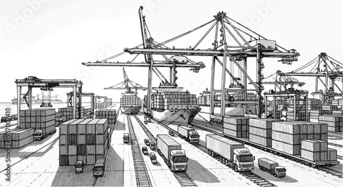 Industrial port container harbor technical sketch