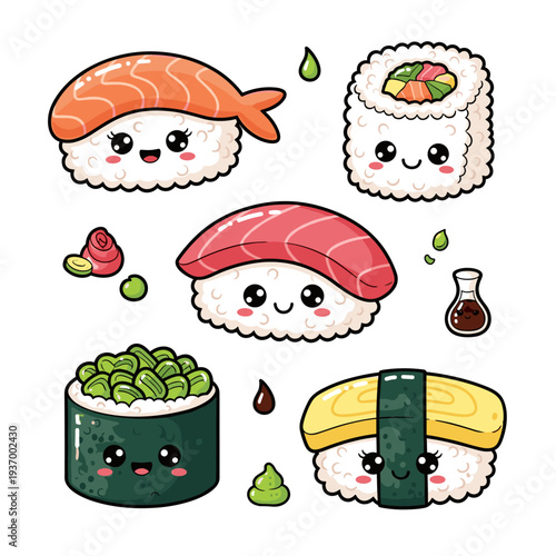 Adorable nigiri and maki sushi rolls with happy faces ginger wasabi and soy sauce