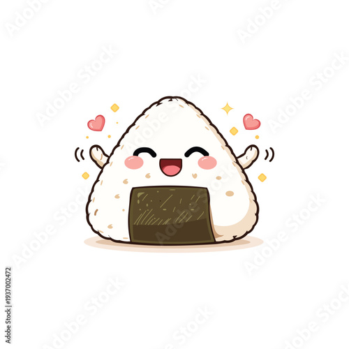 Adorable kawaii onigiri (Japanese rice ball) illustration with a smiling face and waving hands. Decorated with nori seaweed detail, blush cheeks, hearts, and sparkles on a soft neutral background