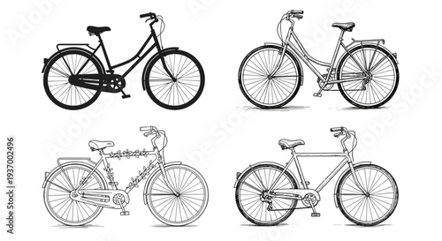 Collection of four vintage bicycle illustrations in a sketch and silhouette style