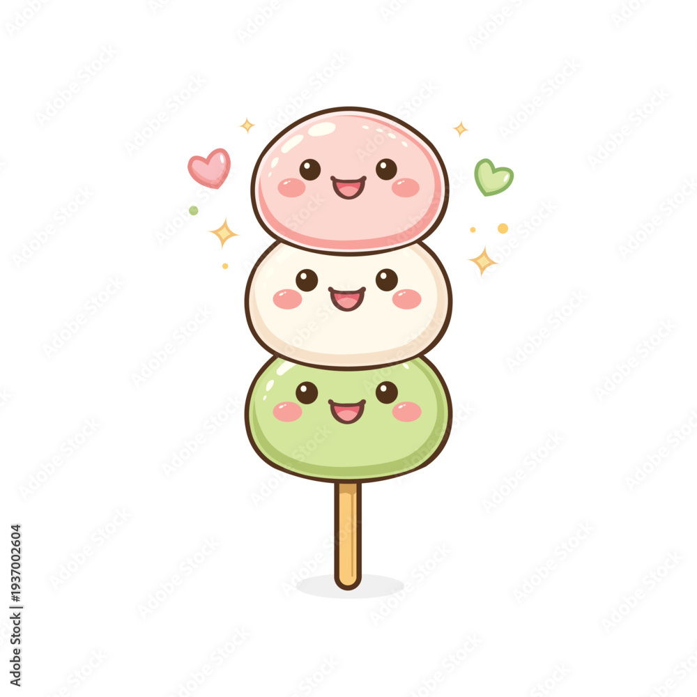 Fototapeta premium Adorable kawaii dango illustration featuring three pastel rice dumplings (pink, white, and green) on a wooden skewer with cute smiling faces.